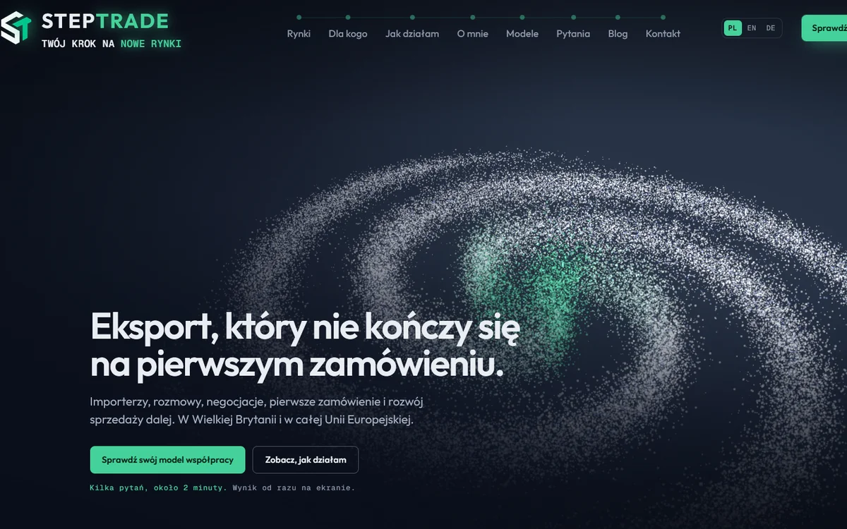 STEPTRADE - autorska strona firmowa eksportera FMCG z animacją WebGL sieci 28 rynków i konfiguratorem współpracy
