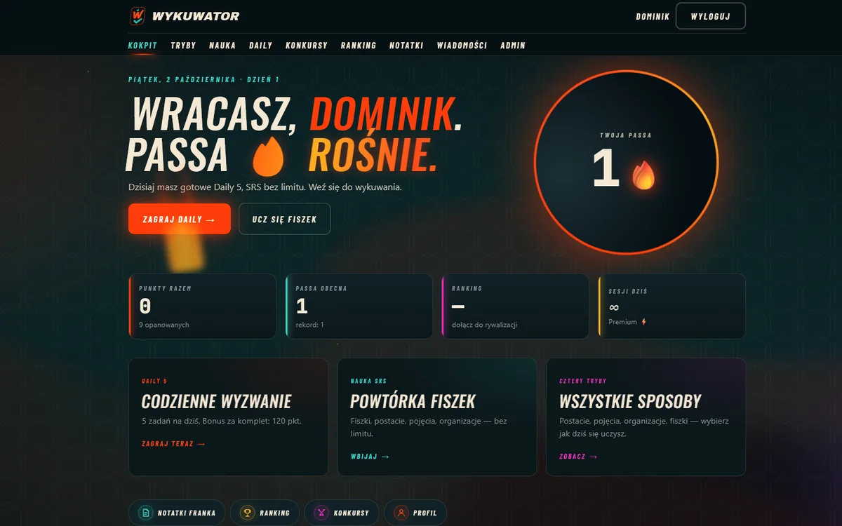 Wykuwator - kokpit aplikacji SaaS do nauki historii: silnik SRS, codzienne gry, ranking i subskrypcja Premium