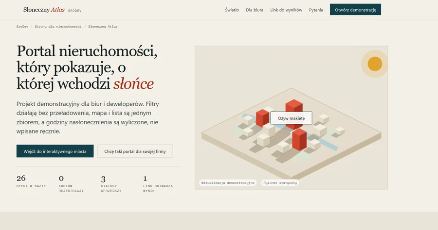 Słoneczny Atlas - portal nieruchomości z makietą 3D i ruchomym słońcem